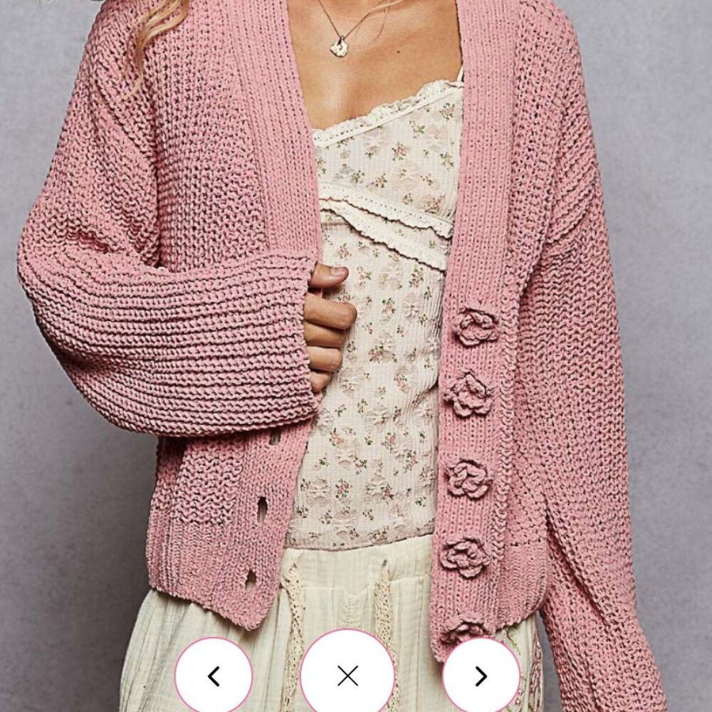 POL Chenille Knit Cardigan with Flower Buttons in Rose Pink NWOT Lg
